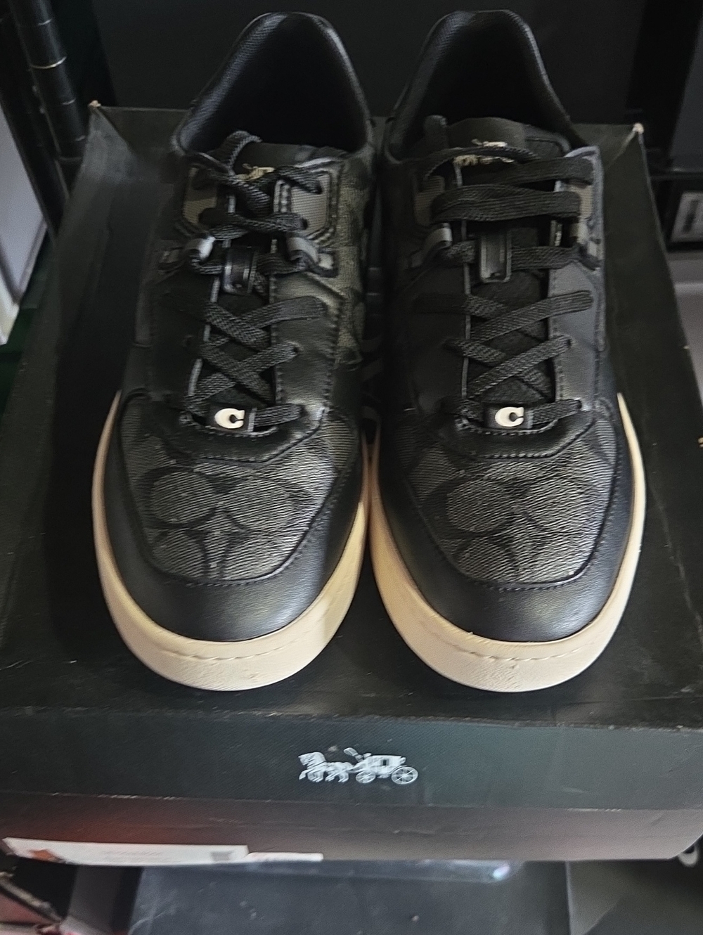 Coach Men’s Black Signature Jacquard Low-Top Sneakers with Cream Sole